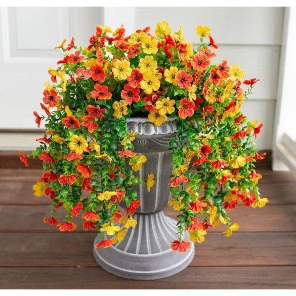 6pcs Artificial Flowers Plastic Hanging Plants Outdoor Porch Yellow & Orange